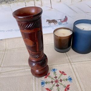 Hand Carved Wooden Decorative Vase with Fish and Flowers 8.5H & 2.75W